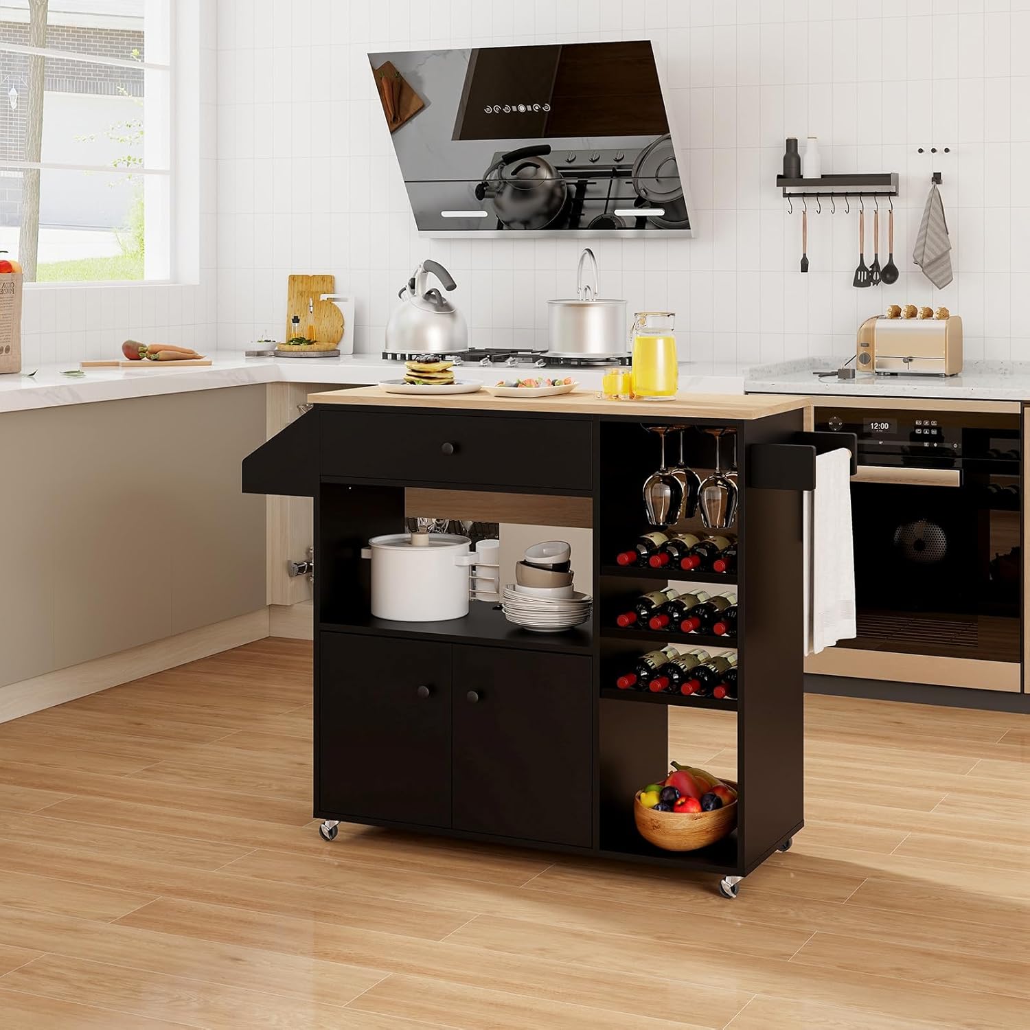 Giantex Rolling Kitchen Island Cart with Drop Leaf, Power Outlet, Spice Rack, 12 Wine Rack, Glass Holder, Drawer, Storage Cabinet, Towel Rack, Island Table for Breakfast Coffee Bar (Black & Natural)