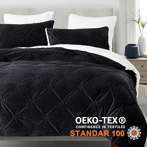 Miniatura 3 de Nayoroom Juego de funda de edredón de terciopelo, tamaño Queen, color negro, plisado, reversible, forro polar, esponjoso, 3 piezas, para invierno,