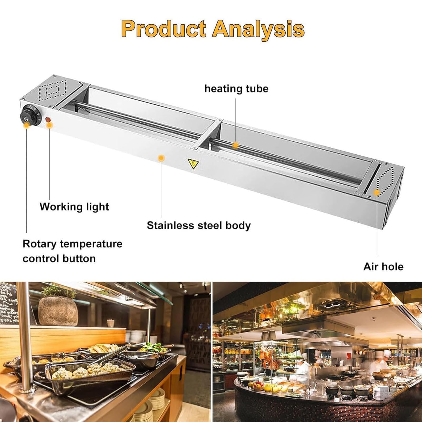 Lampada Riscaldante per Alimenti Sospesa, Lampada Riscaldante per Alimenti Commerciale, Tubo Riscaldante in Acciaio Inossidabile per Mantenere Il Cibo Caldo, Temperatura Regolabile 30-85 ℃,90cm