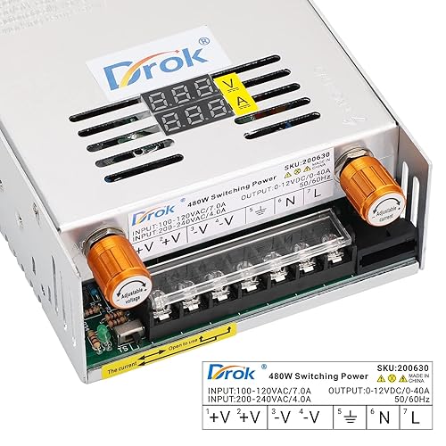 Miniatura 2 de DROK Fuente de alimentación de 12 V, CA 110 V 220 V a CC 0-12 V 0-40 A 480 W, adaptador ajustable de amplificador de voltios regulado 5 V 9 V 12