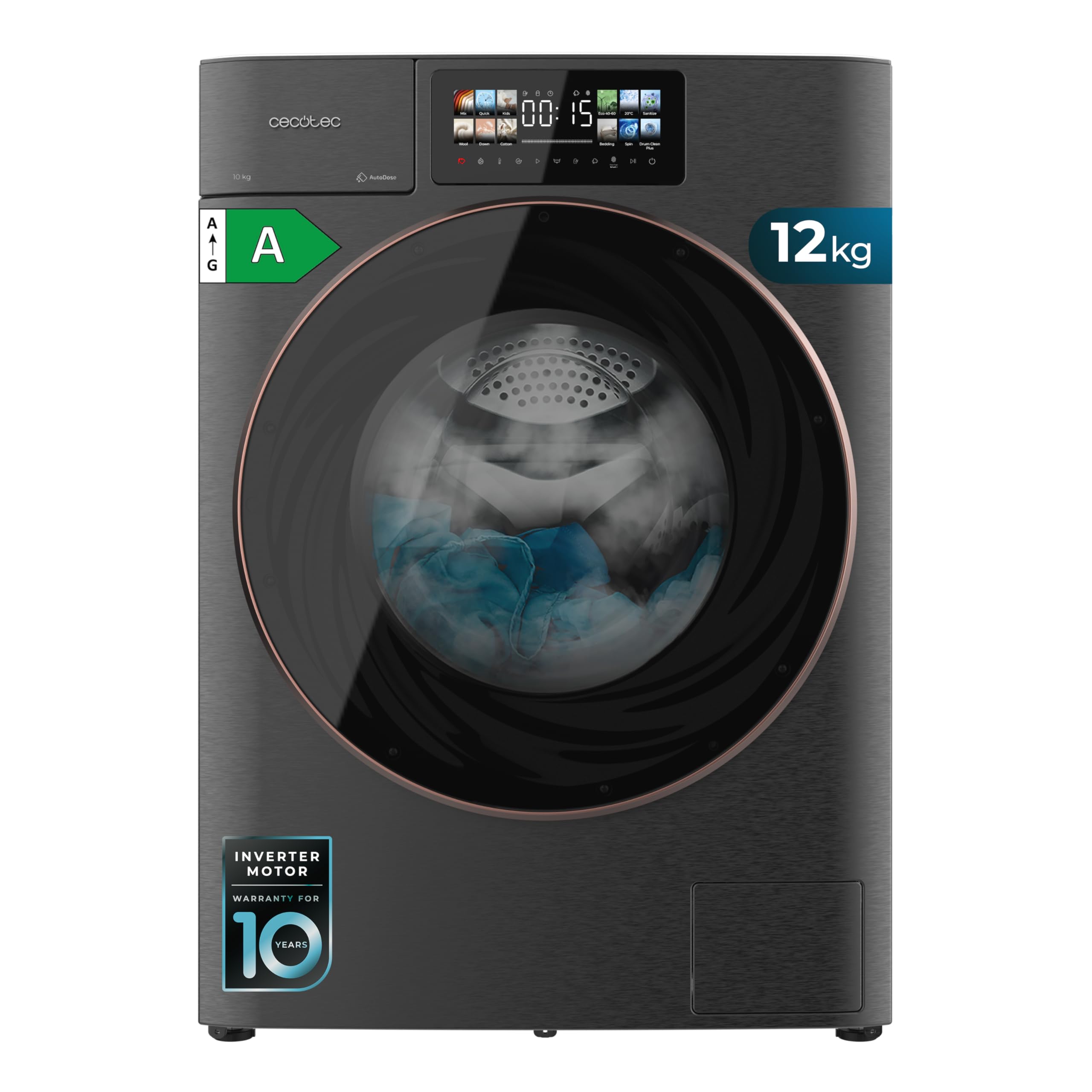 Cecotec Lavadora Carga Frontal 12Kg Bolero DressCode 12950 Autodose Direct Drive 3D Steel. 1400RPM, 13 Programas, Motor Direct Drive, Diseño Core Matrix Screen 9,2" y Core Body, Funciones Inteligentes