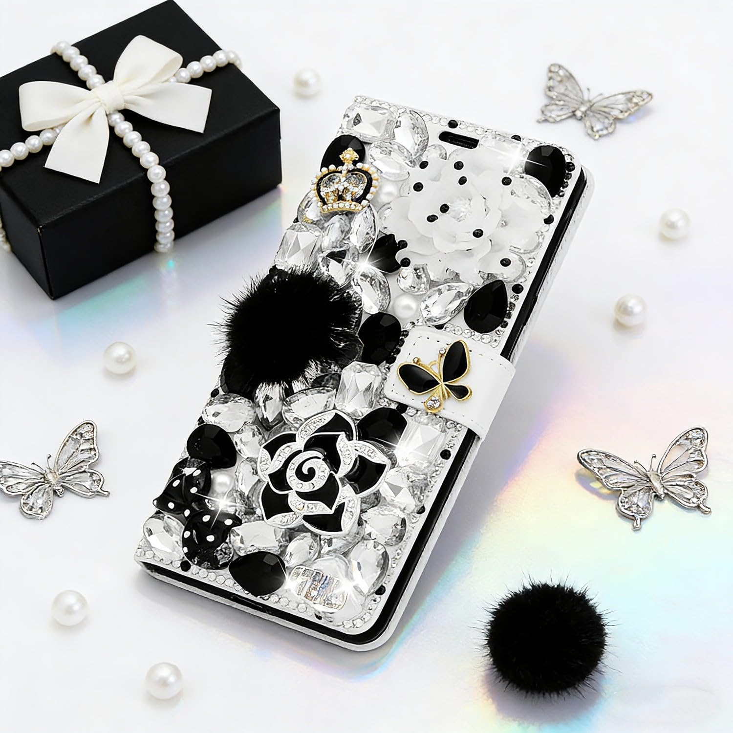 Glitter Wallet Phone Case Compatible with Moto G Play 2026 - Luxury 3D Girls Women Shiny Bling Handcrafted Leather Cover - Black Rose Camellia Flower