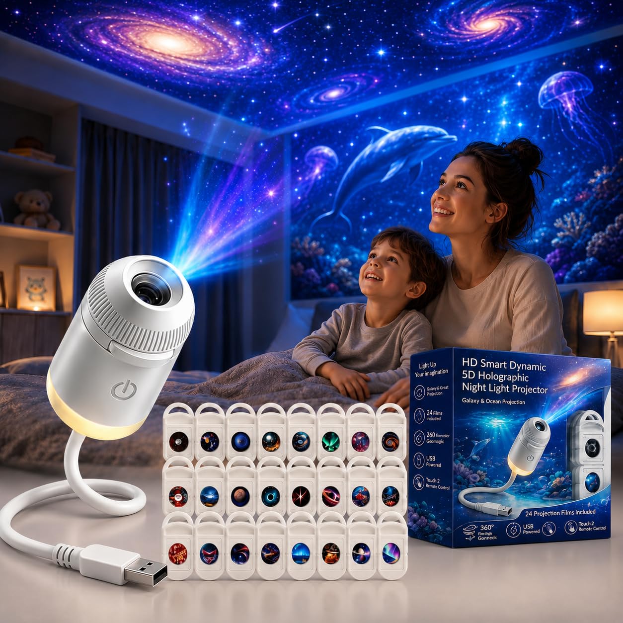 HD Smart Dynamic 5D Holographic Night Light Projector, 2-in-1 Galaxy Star and Ocean Projector with 24 Films, 360° Rotating USB Powered Ceiling Light for Bedroom(Starry Sky with 24 Films)