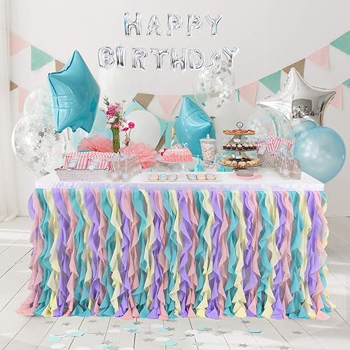 Miniatura 6 de Mantel de unicornio rizado de sauce arcoíris para mesa rectangular de fiesta, falda de mesa de tul tutú para fiesta de cumpleaños, revelación de