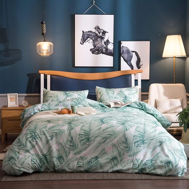 OSVINO Double Duvet Cover Set Green, Reversible Botanical Floral Bedding Set, 3 Pieces Soft Easy Care Microfiber Quilt Cover Double Bed Set with 2 Pillowcases - 200cm x 200cm