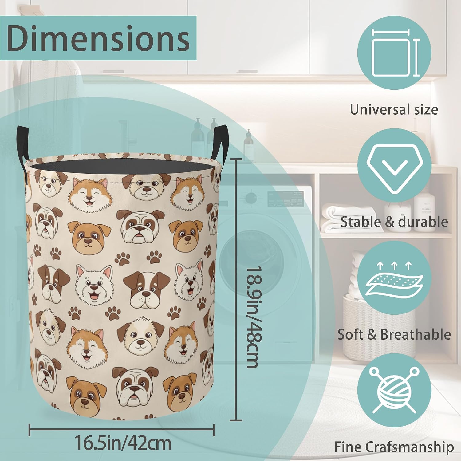 Cute Dog Round Laundry Hamper Storage Basket Toys Clothes Organizer Bin For Home Bathroom Bedroom Dorm Nursery