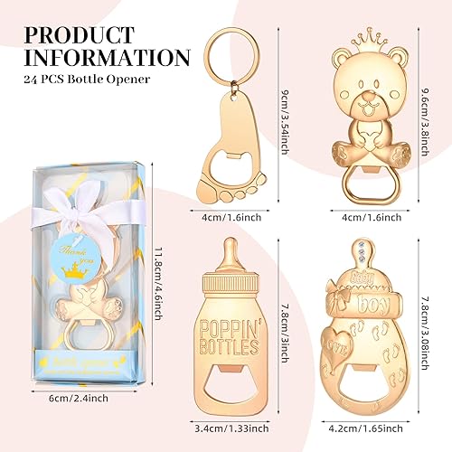 Miniatura 2 de wxfdac Abrebotellas de bebé, 24 piezas, llavero con huella de oso y niño, abrebotellas con caja de regalo azul, recuerdos de fiesta de baby shower