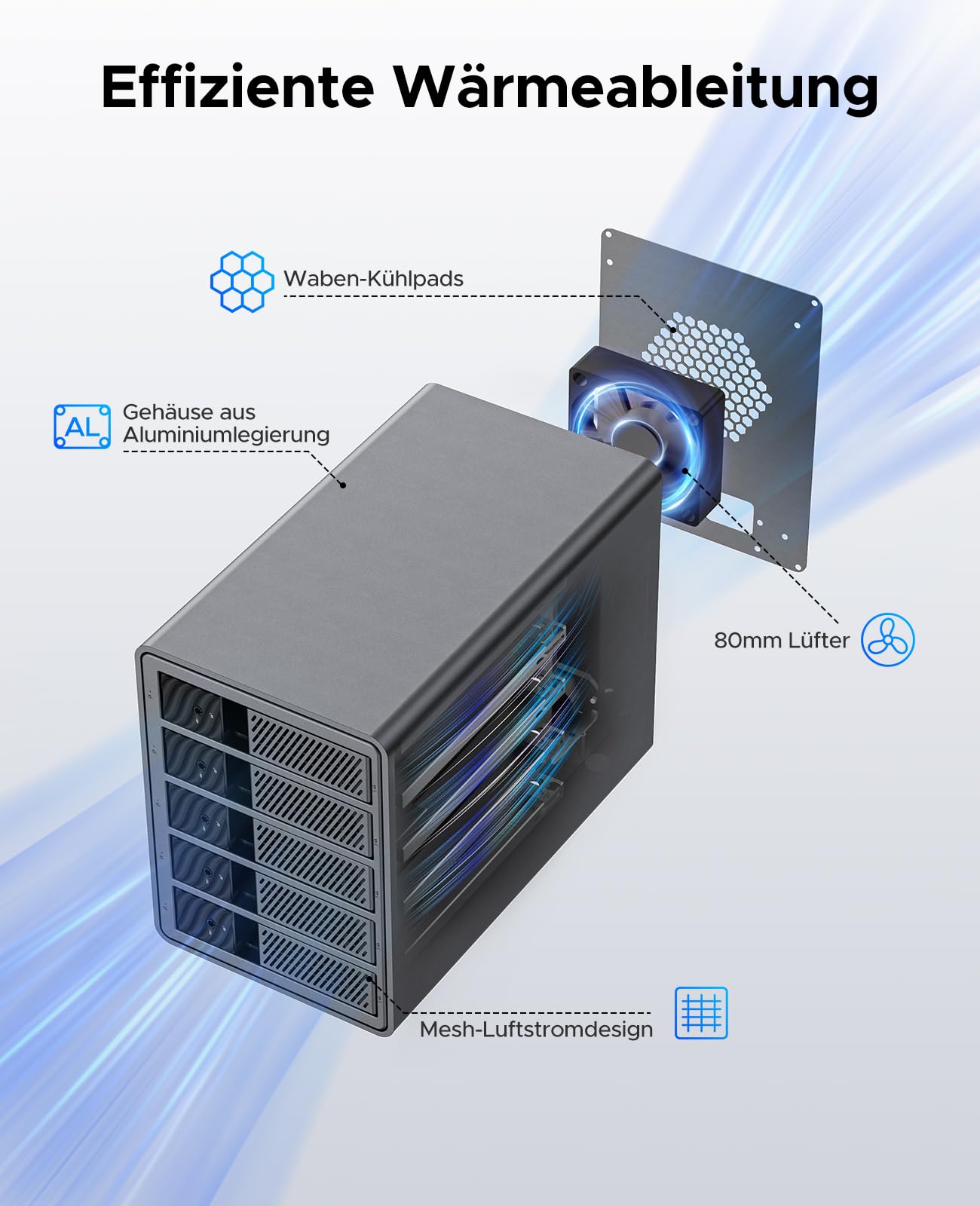 ORICO Estación de Carga para Disco Duro de 5 bahías, 40 Gbps, de Aluminio, para HDD de 3,5 Pulgadas hasta 5 x 22 TB, con Conector DP y Puerto de expansión USB-C, sin Disco Duro (Modelo 9858T3)