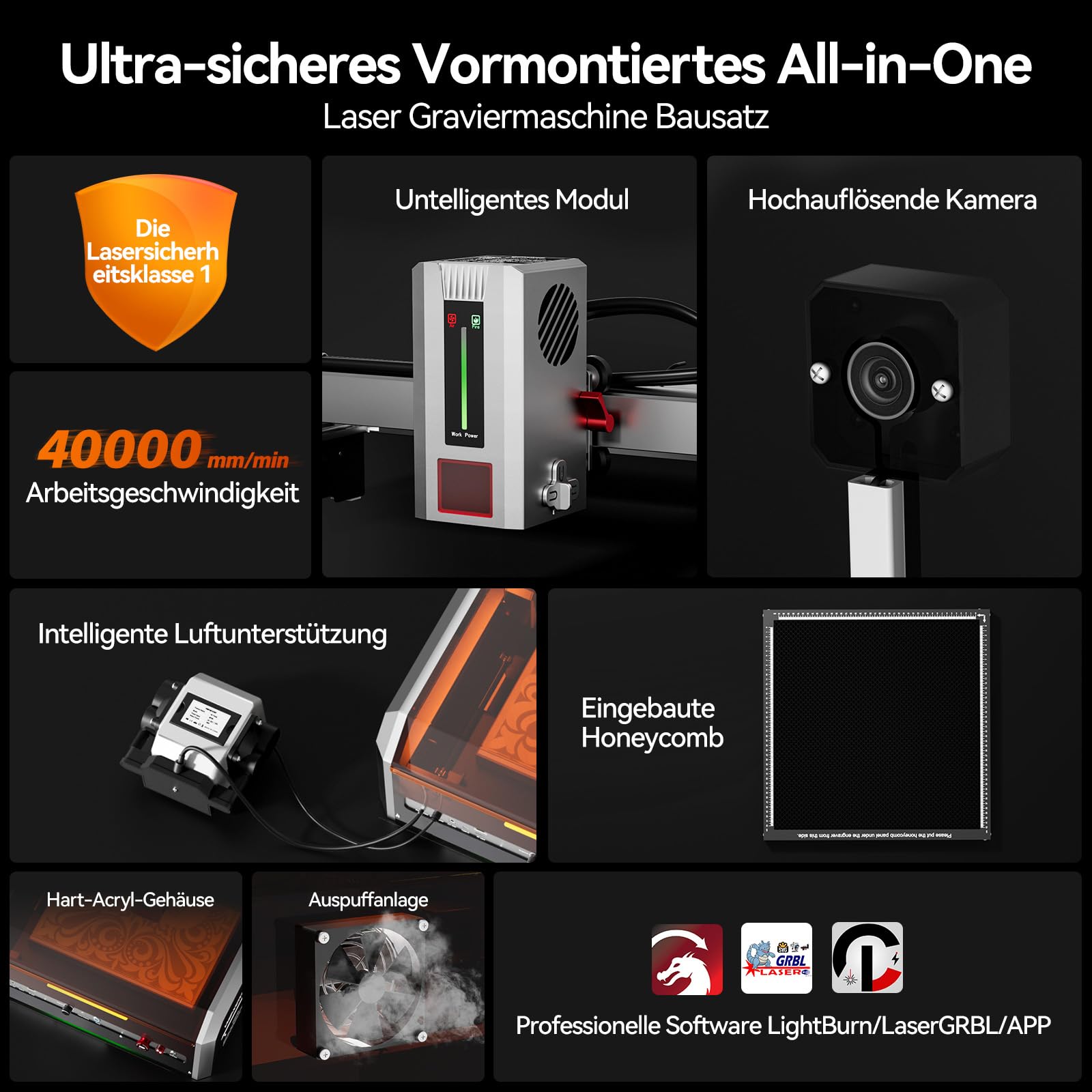 Laser Graviermaschine, Woxcker L8 20W Geschlossener Lasergravierer – Vormontiertes All-in-One-System mit Luftunterstützung, Kamera & Honigwabe, 40000 mm/min für Holz, Metall, Acryl, Glas, Edelstahl