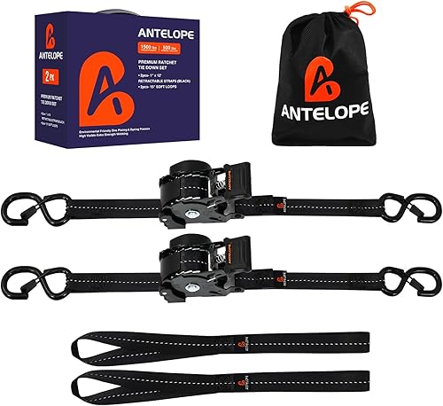 Correas de trinquete retráctiles resistentes (paquete de 2) – Correas de amarre autorretráctiles de 1 pulgada x 12 pies con bucle suave, correas de