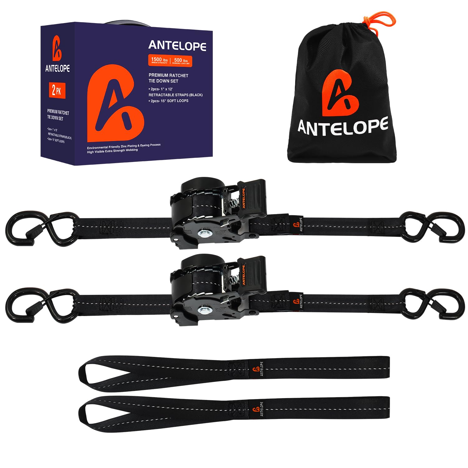A ANTELOPE Retractable Ratchet Straps 2-Pack 12 ft
