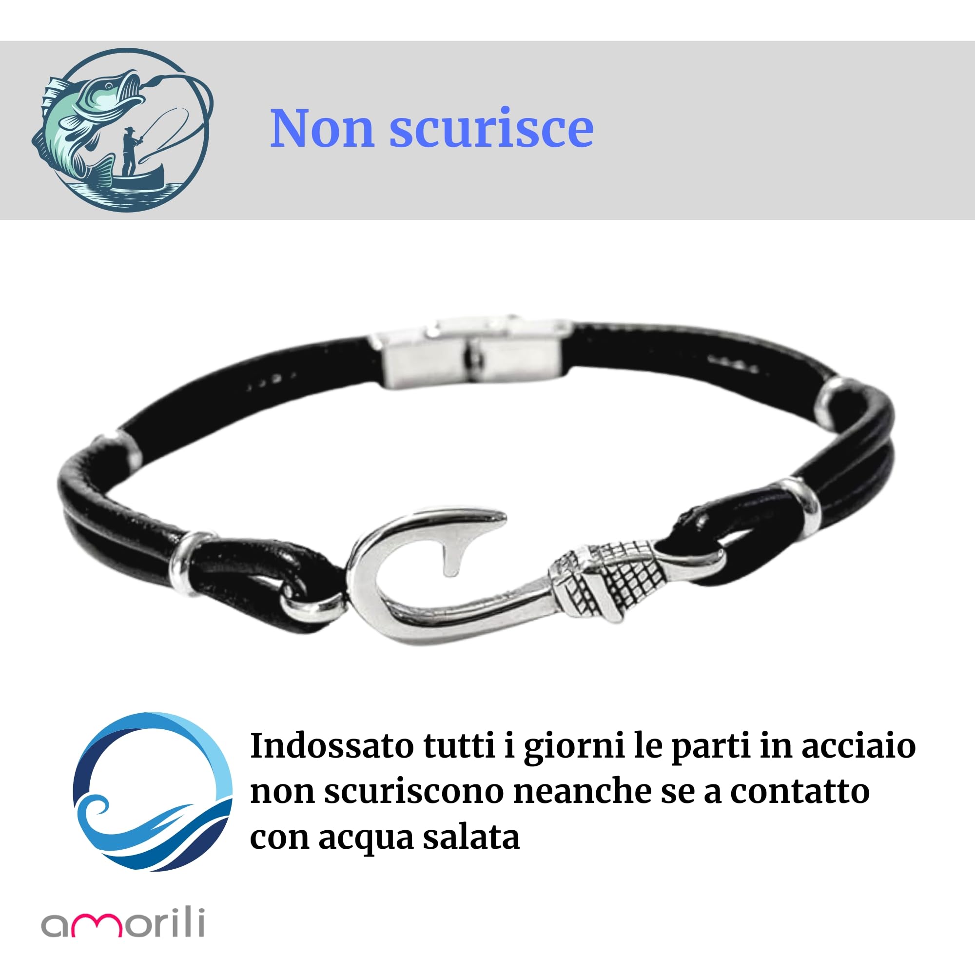 Bracciale Uomo Amo da Pesca – Acciaio Inossidabile & Pelle – Idea Regalo Pescatore – Gioiello Nautico Regolabile Elegante Sportivo bcc1603b