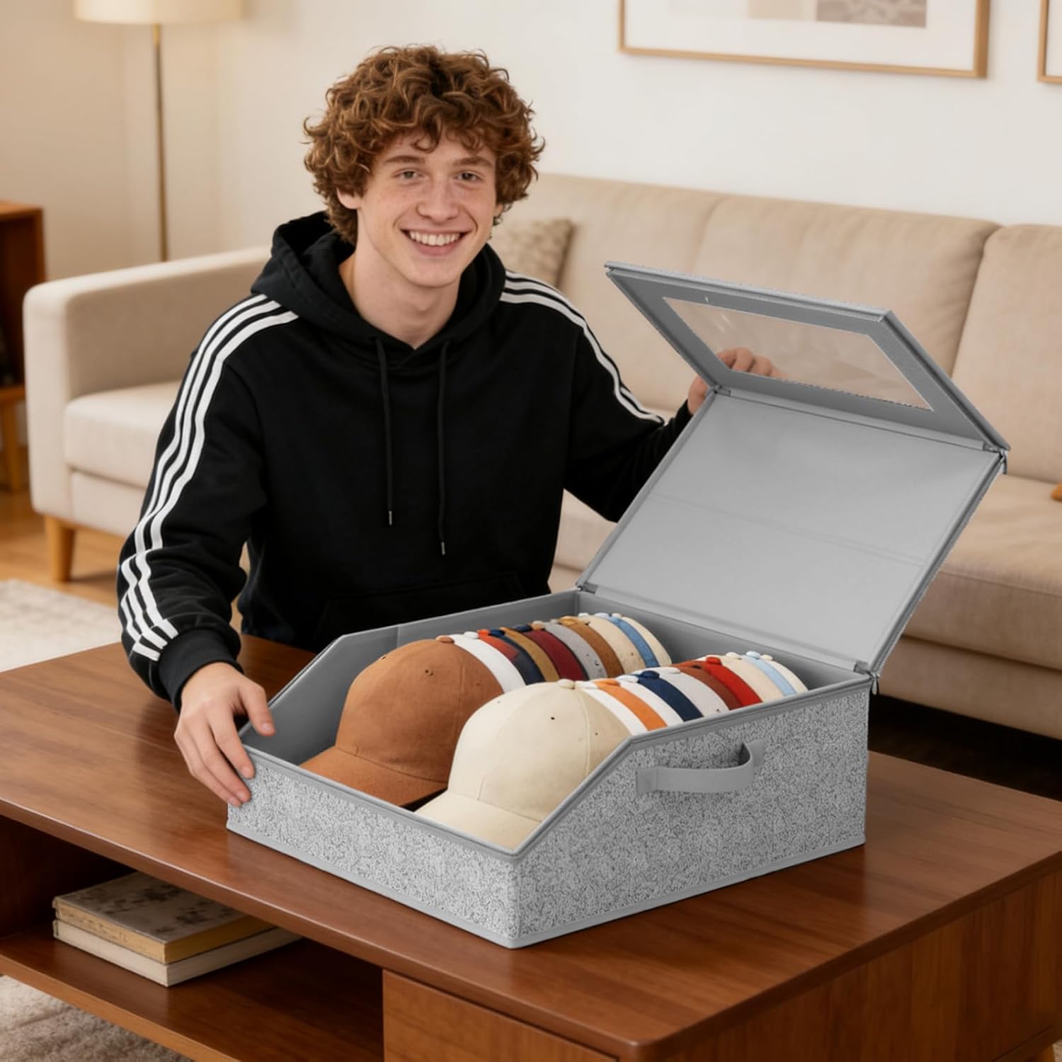 Hat Storage Box - Zipper Clear Window Container,Baseball Cap Storage Box | for Family Friends Outfits Bedroom Indoor Home Clothes Scarves Gloves