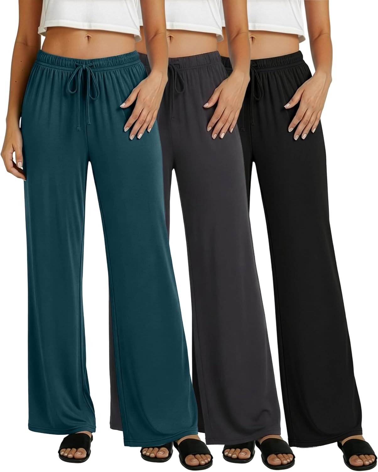 Real Essentials 3 Pack: Women's Soft Palazzo Pants - Wide Leg Yoga Casual Loungewear Pajama Pj Bottoms (Plus Available)