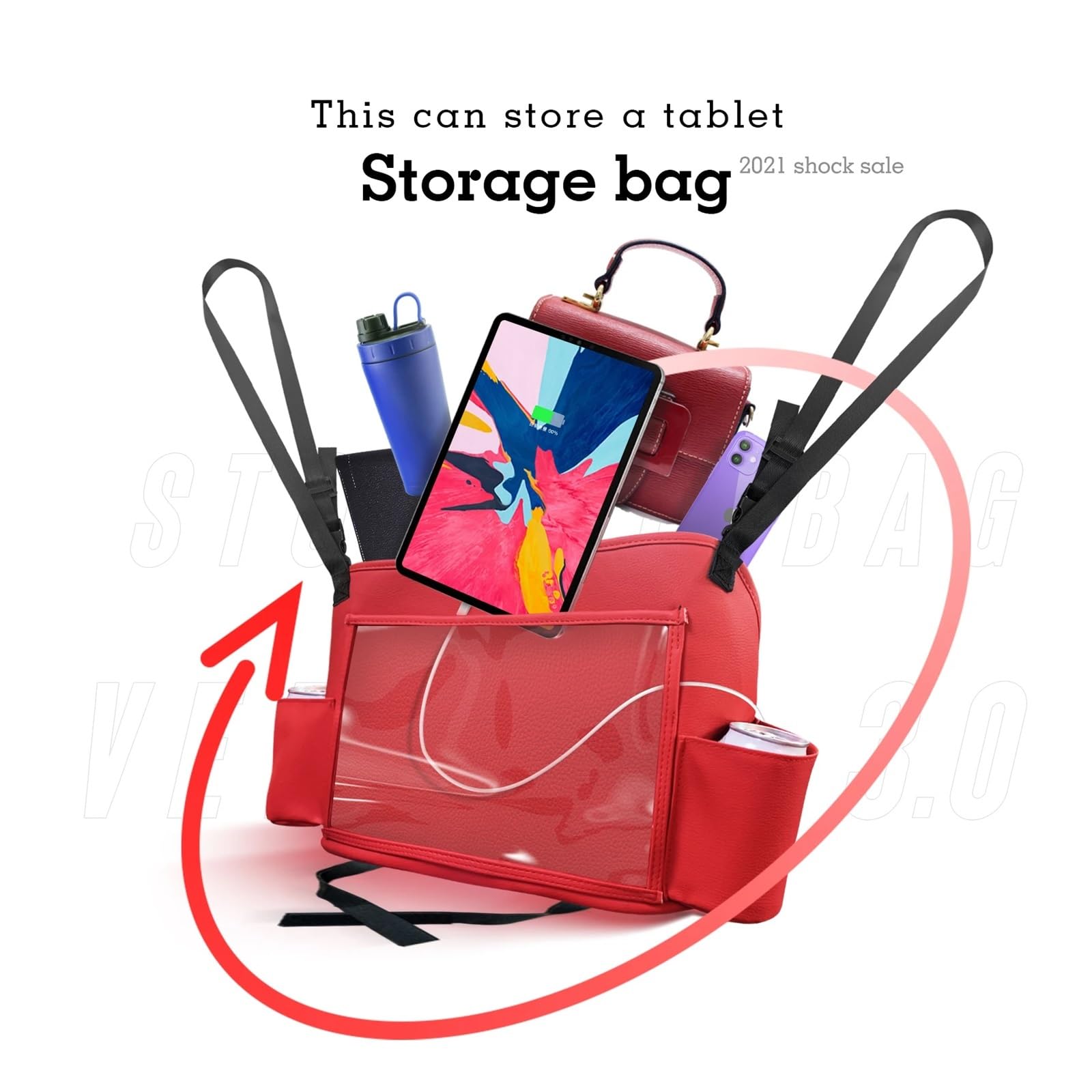 Borsa da viaggio multitasche for seggiolino auto, organizer in pelle, porta tablet da appendere, borsa da mummia, borsa da appendere for sedile auto(Red)