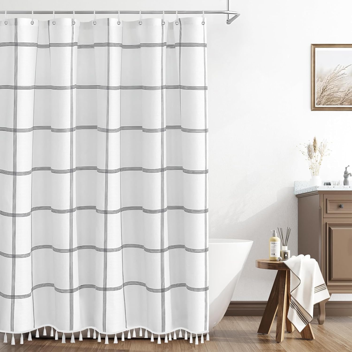TURKIO 96 Inche Extra Long Black and White Shower Curtain Boho Plaid Shower Curtain with Tassels ...