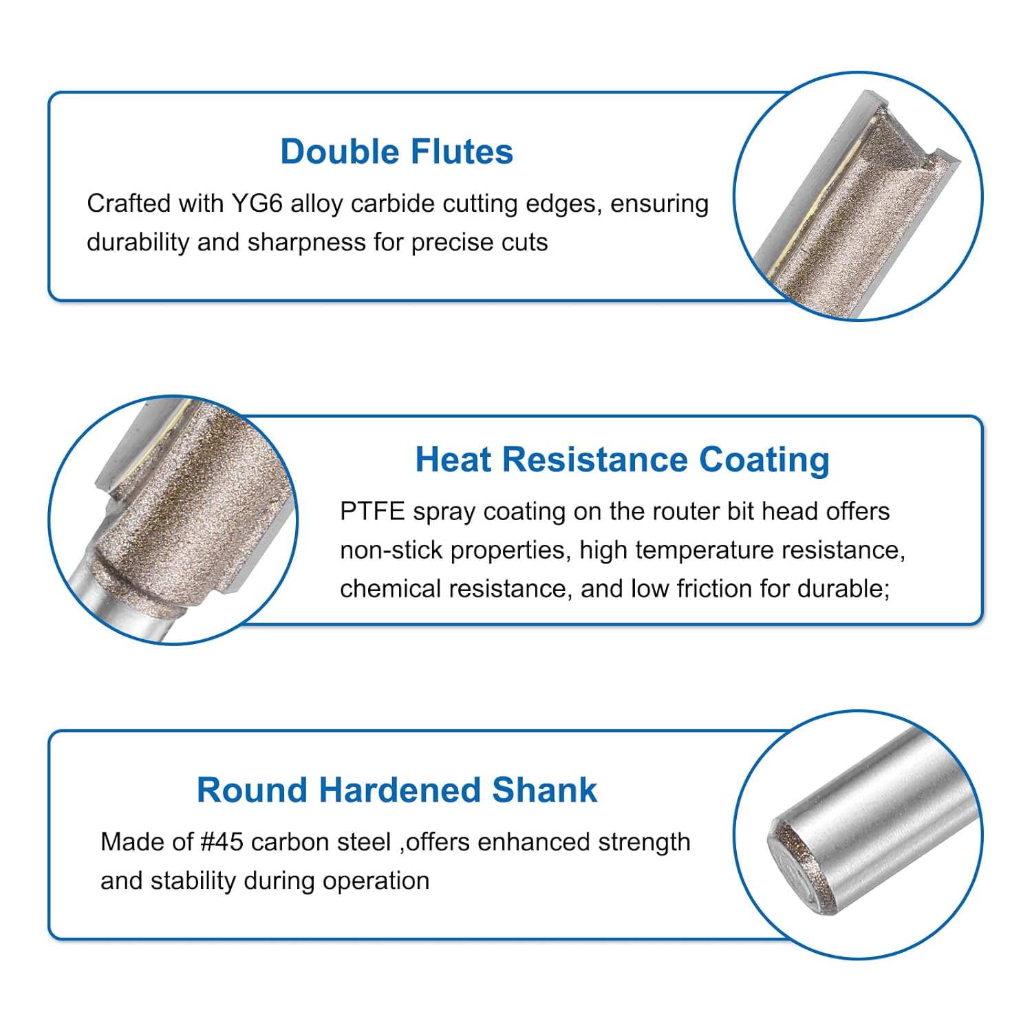 Straight Router Bit 1/4 Inch Shank 25/64" Cutting Dia, 2 Flutes 1.18 Inch Cutting Length YG6 Carbide Cutter with PTFE Heat Resistance Coating, Woodworking Grooving Trim Bit