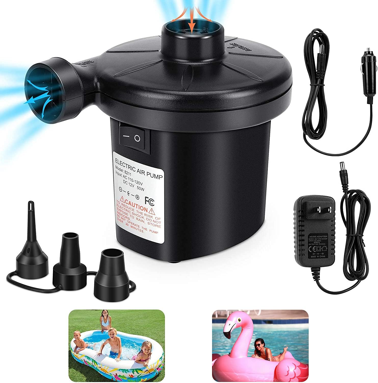 Air Pump, Electric Air Pump for Inflatables Air Mattress Pump with 3 Nozzles Inflator Deflator for Air beds Swimming Ring Inflatable Pool Toys 110V AC/12V DC (50W) : Home & Kitchen
