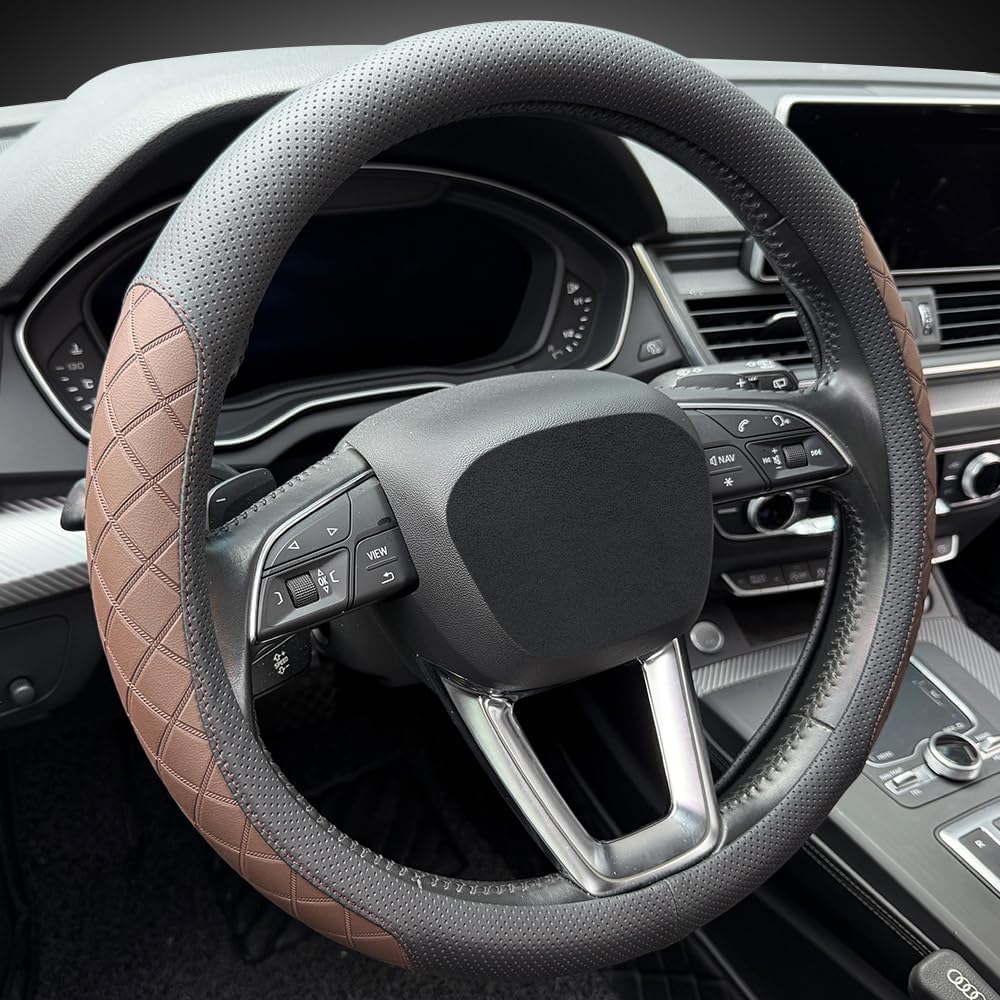 LKWLIKEI Nappa Leather Steering Wheel Cover,Elegant Diamond Checkered Design, Non-Slip wear-Resistant, Enhance Driving Comfort, Suitable for Steering Wheel Diameter 14 1/2‘-15’ Models.Black Brown - Image 6