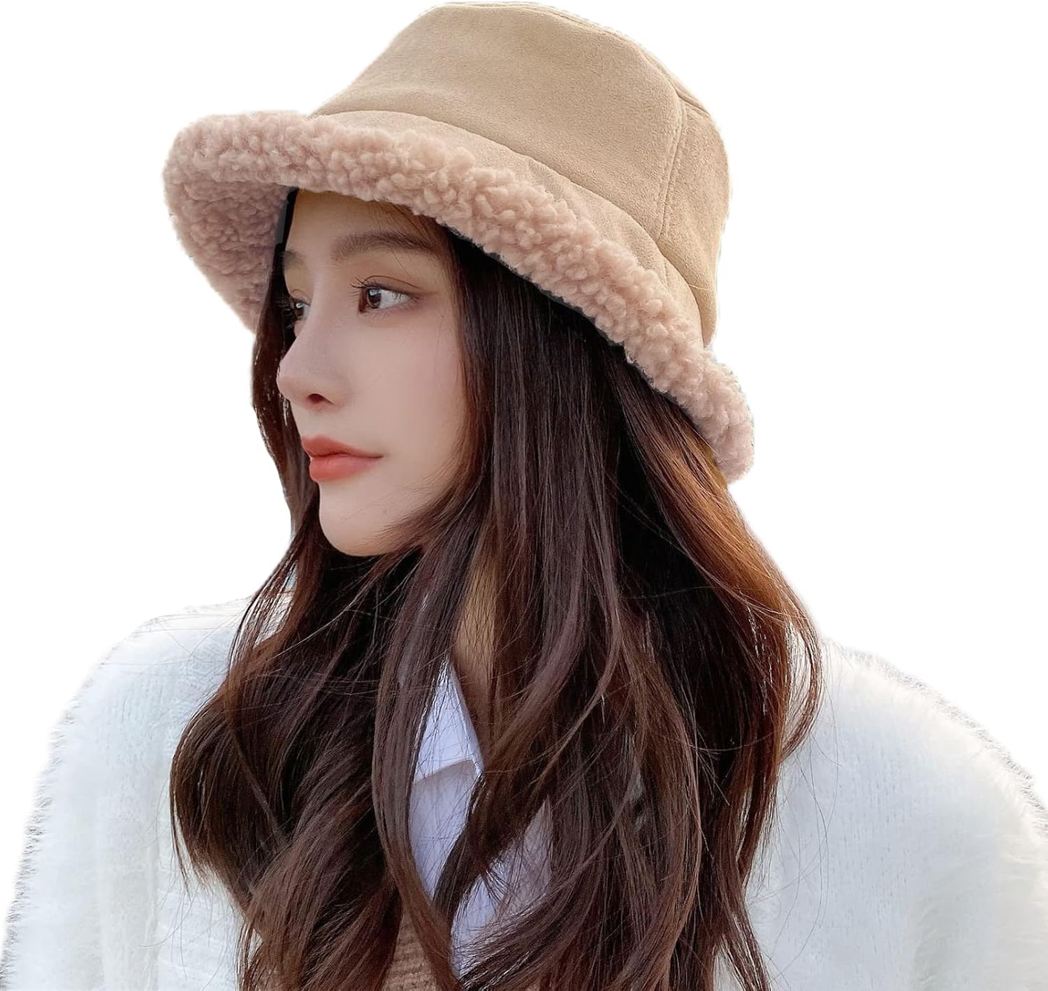 Peicees Winter Fluffy Bucket Hat for Women Fuzzy Warm Bucket Hat with Faux Fur Reversible Fisherman Cap