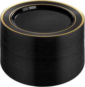 BESTVIP 100PCS Black Plastic Plates, 10.25 Inch Disposable Dinner Plate Party with Gold Rim for Christmas, Thanksgiving, Heavy Duty Disposable Plastic Plates for Party, Wedding and Birthday, Events