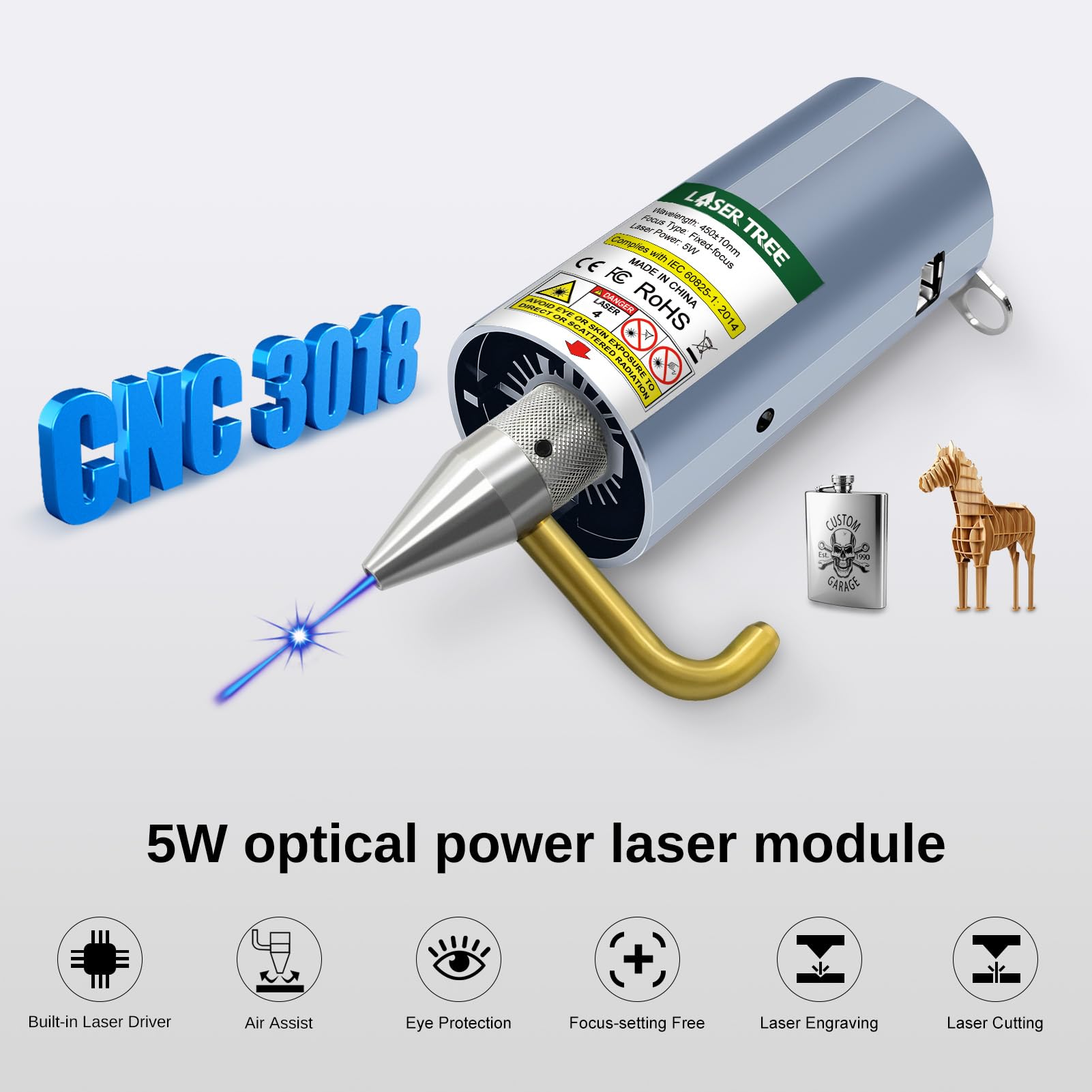 Kit modulo laser LASER TREE CNC 3018, testa laser con potenza ottica da 5 W con assistenza aerea, lunghezza focale fissa 45 mm, doppia compressione spot, compatibile con macchina CNC 3018, 12 V