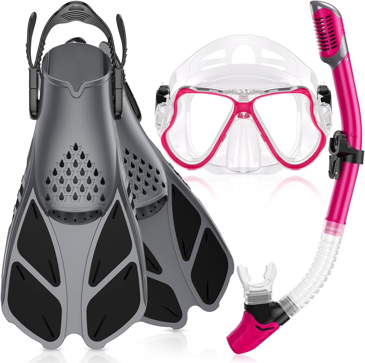 Greatever Snorkeling Gear for Adult, Mask Fins Snorkel Set Combo Ideal Gift for Swimming or Diving (Pink2-Black-L)