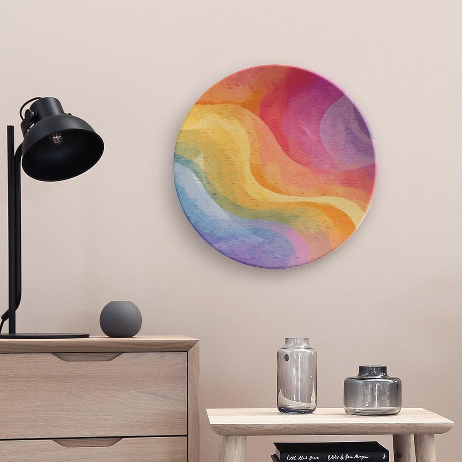 Rainbow Ceramic Decorative Plate for Office Decor, Chinese Style Decorative Dish with Stand, Dinner Dish Decorative Plates for Wall Hanging Bone Collections Plates 10inch