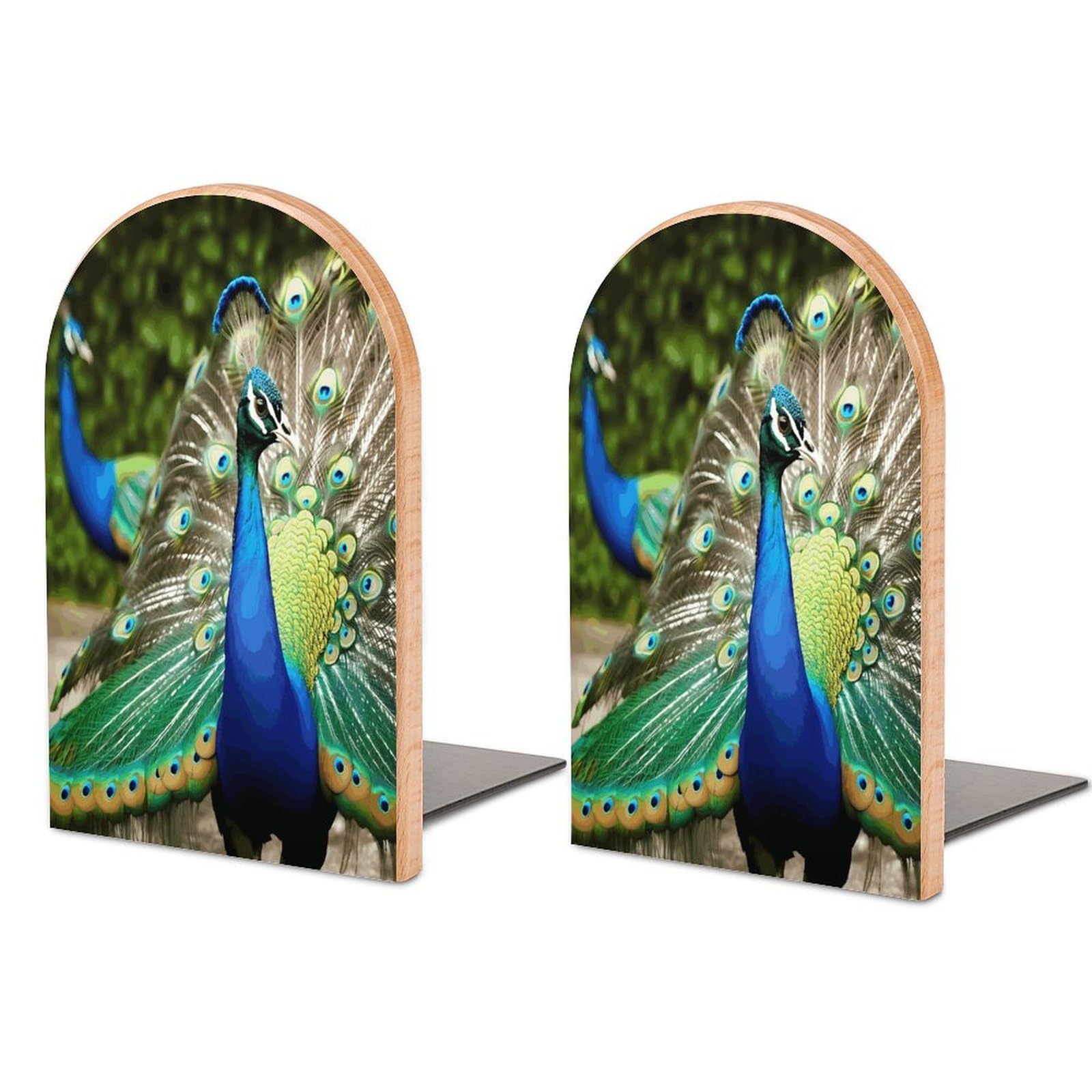 Sujetalibros de pavo real en madera soporte antideslizante para estanterías de hogar