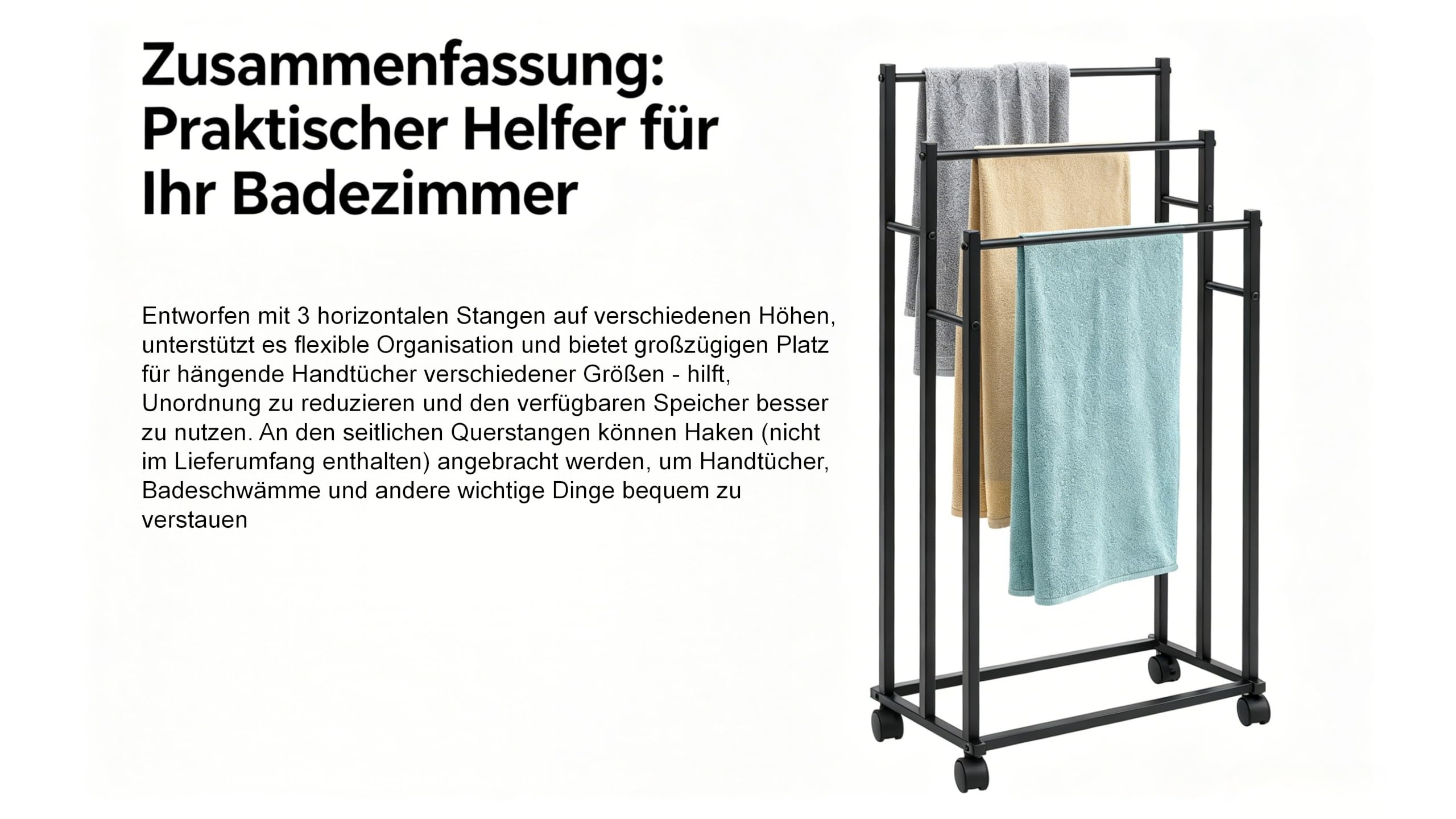Handtuchhalter Stehend,Metall Handtuchständer mit 4 Rollen 2 Bremsen 3 Stangen,Freistehend Badetuchhalter Höhenverstellbar Schwarz Bad Wäscheständer