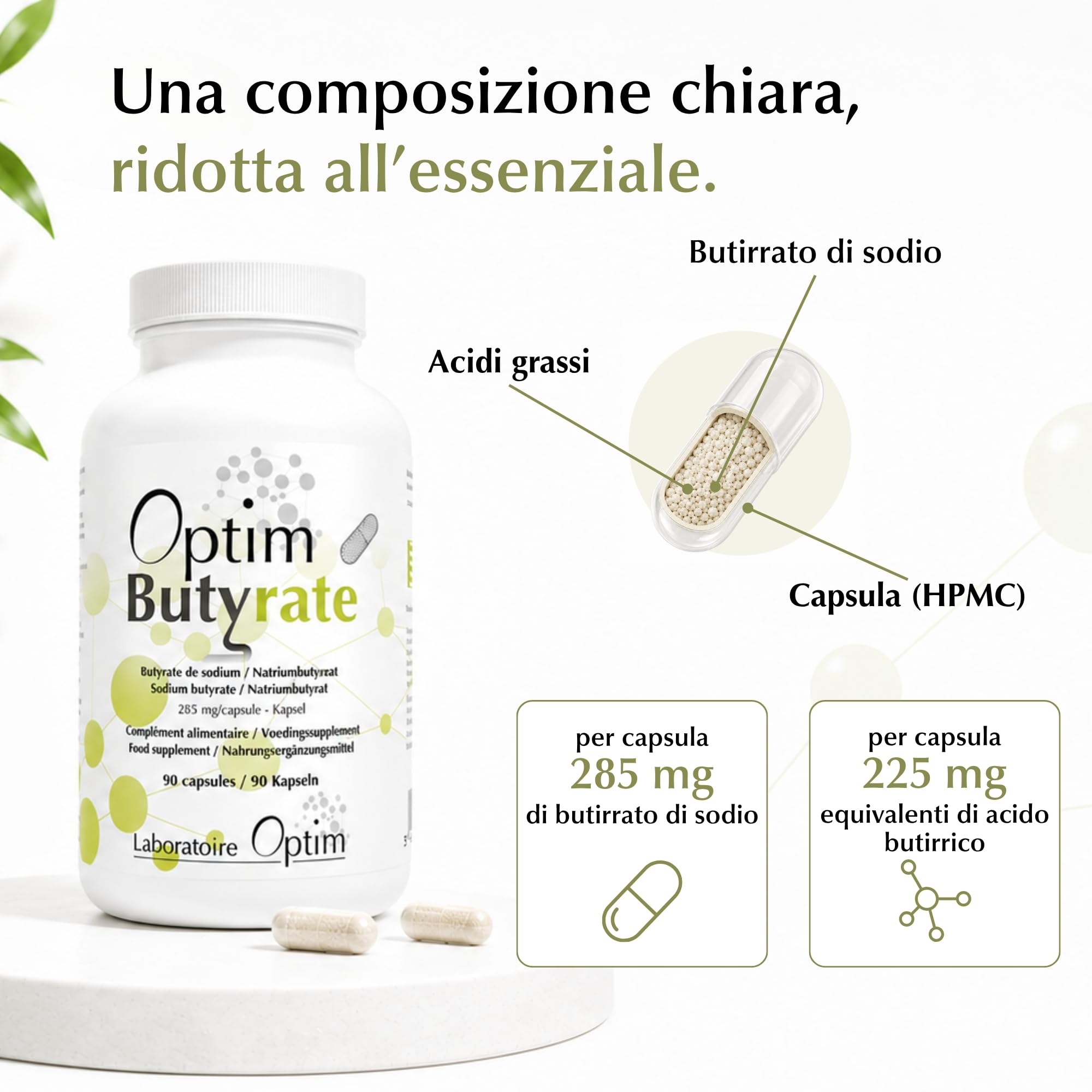 OPTIM Butyrate Integratore Butirrato di Sodio, Pack 4 x 90 Capsule | Acido Butirrico, Microincapsulato Lento Rilascio nel Intestino, Colon Transito Intestinale, Altamente Dosato, Vegano