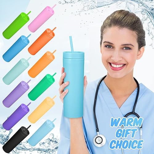 Miniatura 4 de Paquete de 24 vasos delgados de plástico con tapas y pajilla 16 onzas vaso de viaje recto de doble pared vasos reutilizables mate con tapas popotes