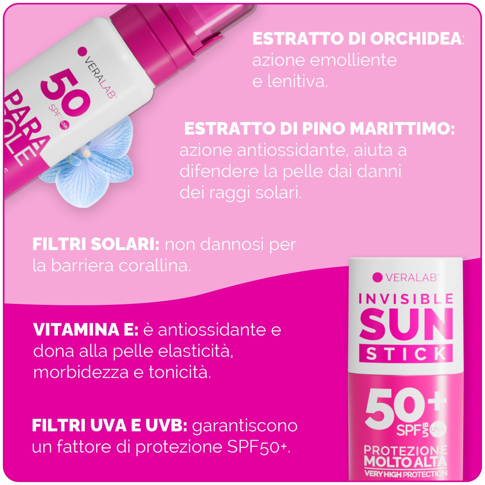 Veralab Kit Solari Protezione Completa, Invisible Sun Stick Solare SPF50 + Parasole SPF50 100ml + Pochette Mare - Kit Esclusiva Amazon