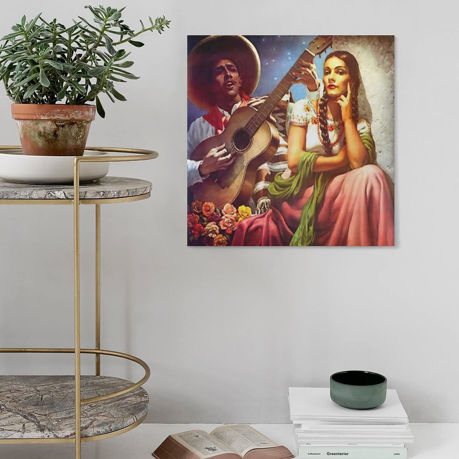 絵画 70s Mexican pair art Wall Art Poster Canvas Painting Mexican Folk Couple Playing Guitar
