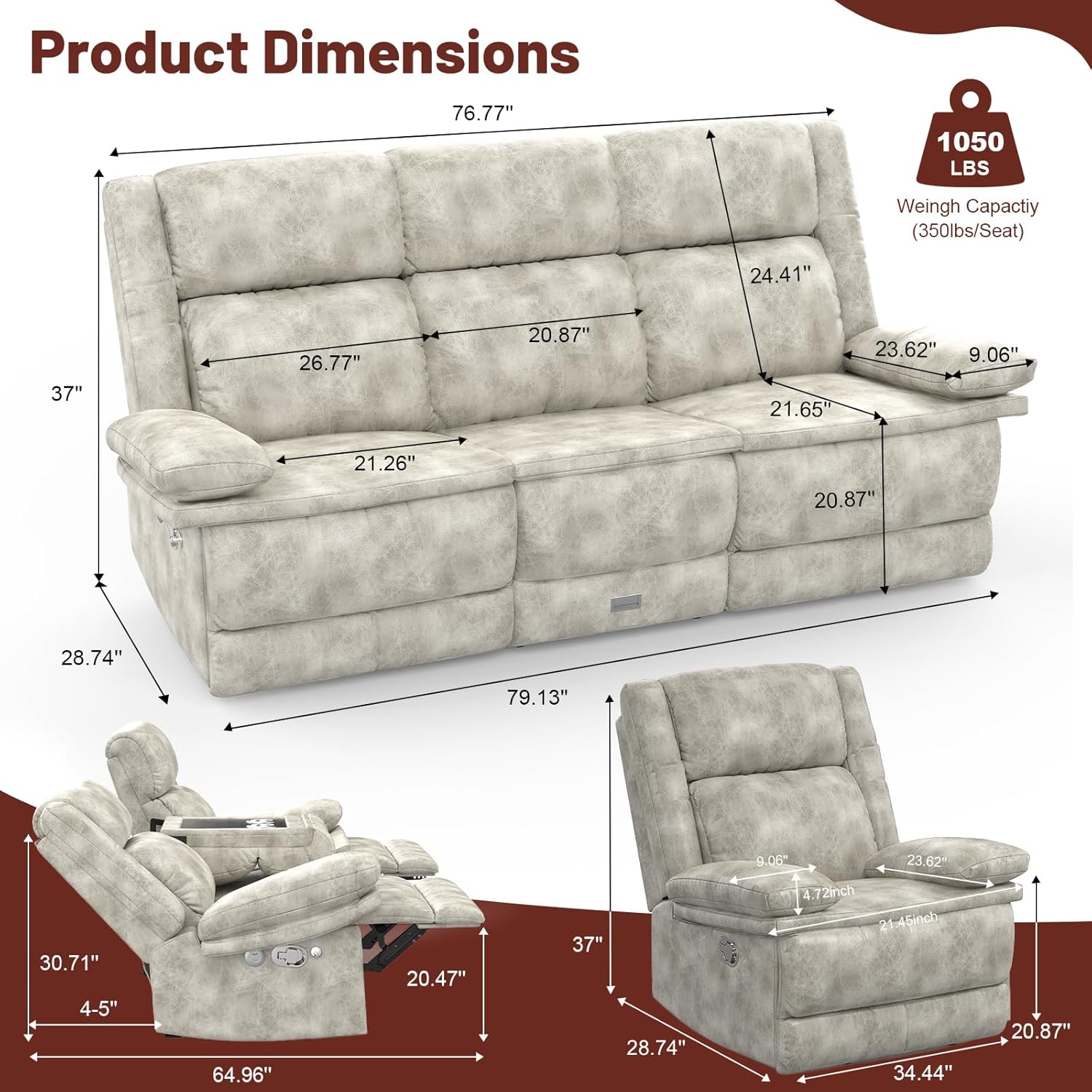 Recliner Sofa 3+1 Set, Flip Middle Backrest Design 3 Seater Loveseat Reclining Sofa and Single Oversized Recliner Chair, Manual Couches for Living Room/RV