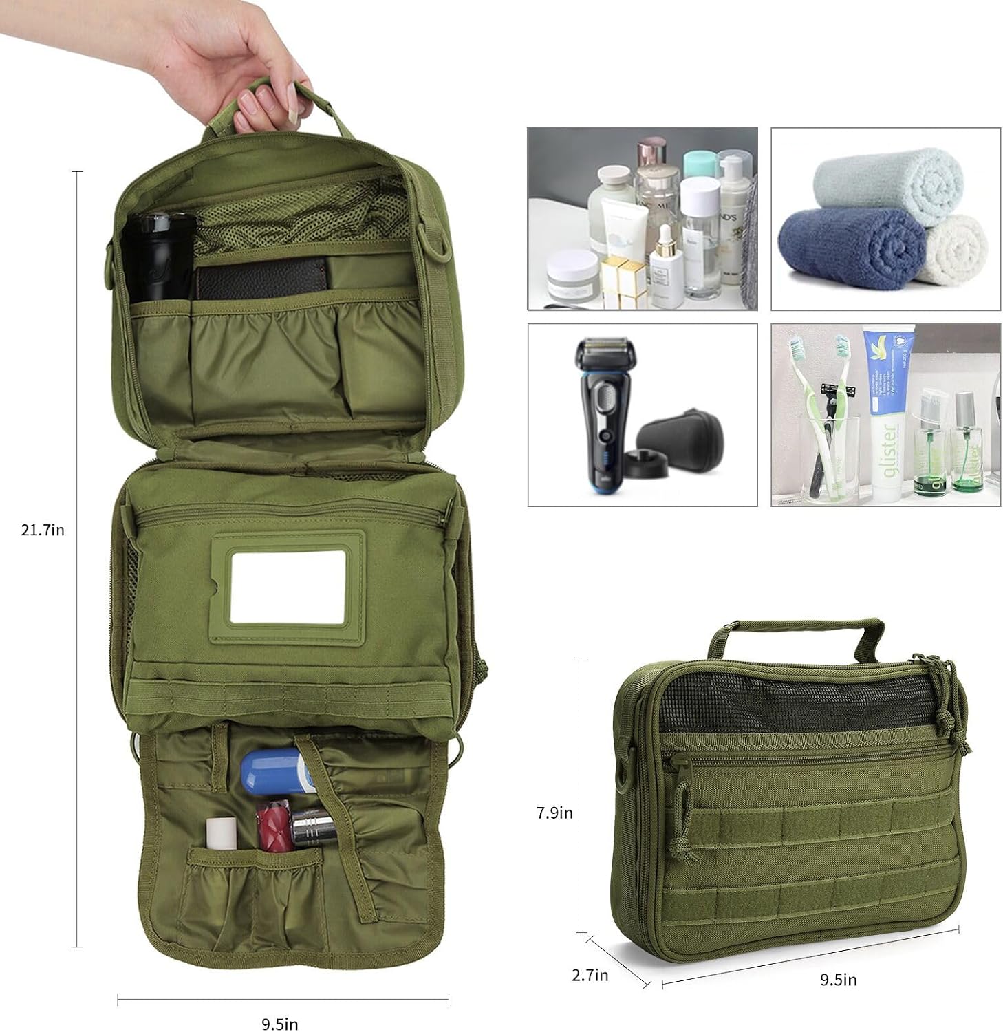 SUNRISING Tactical Toiletry Bag for Men, Hanging Travel Toiletry Organizer Dopp Kit, Shaving Hygiene Toiletries Bag, Men's Toiletry Bag for Short Trips Camping - Green
