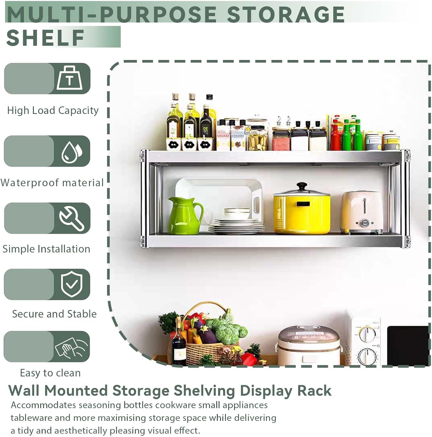 壁掛けステンレス鋼 2 段棚キッチンクローゼット用多目的収納棚ヘビーデューティお手入れ簡単な整理ラック植物家電ポット用(120x35