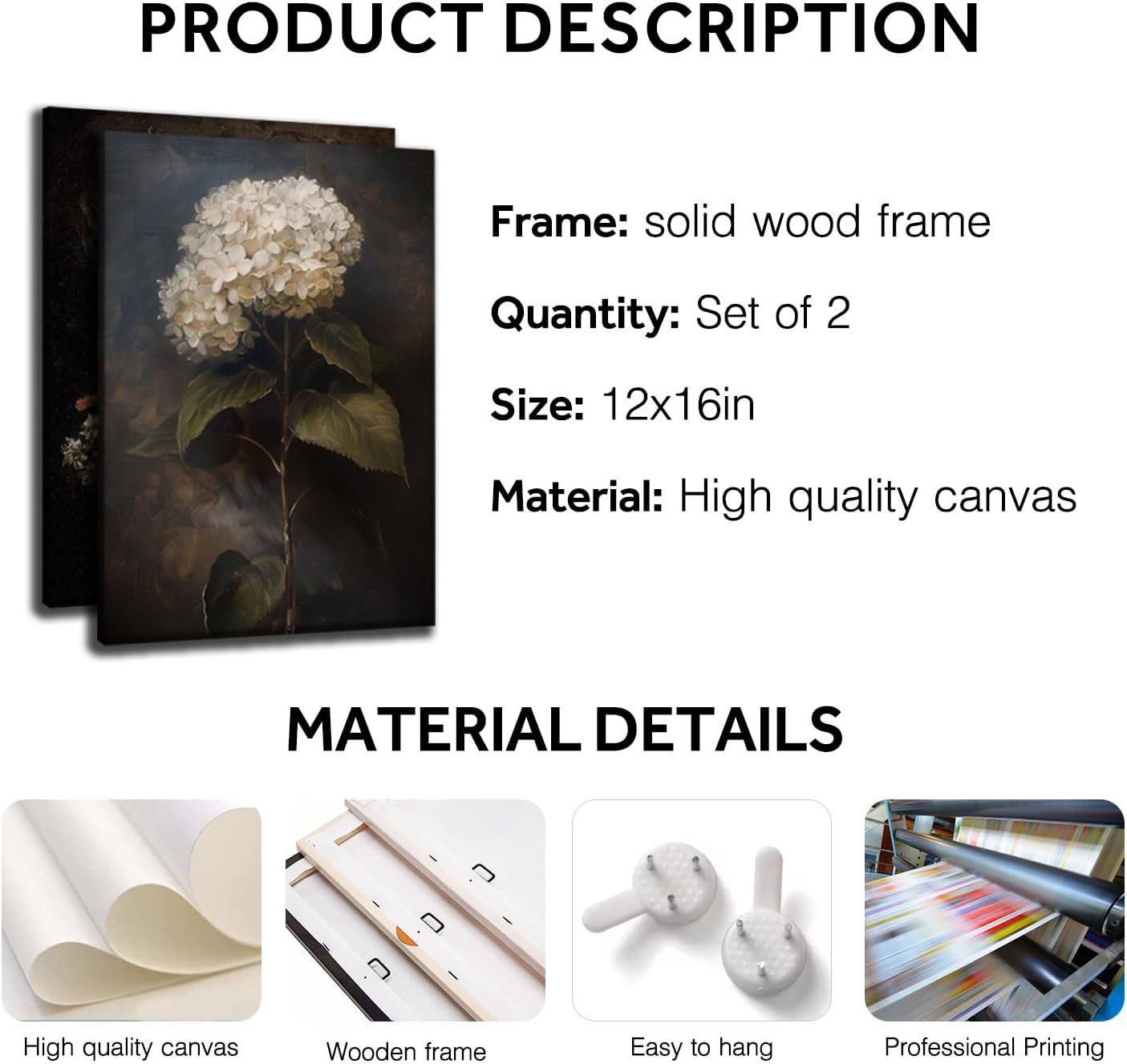 Doqueodas 2 pcs Vintage Floral Canvas Wall Art, Elegant Dark Rose Hydrangea Oil Painting Print Artwork, Rustic Farmhouse Classic Painting Poster Wall Decor, Suitable for Living Room Office12x16 inch - Image 5