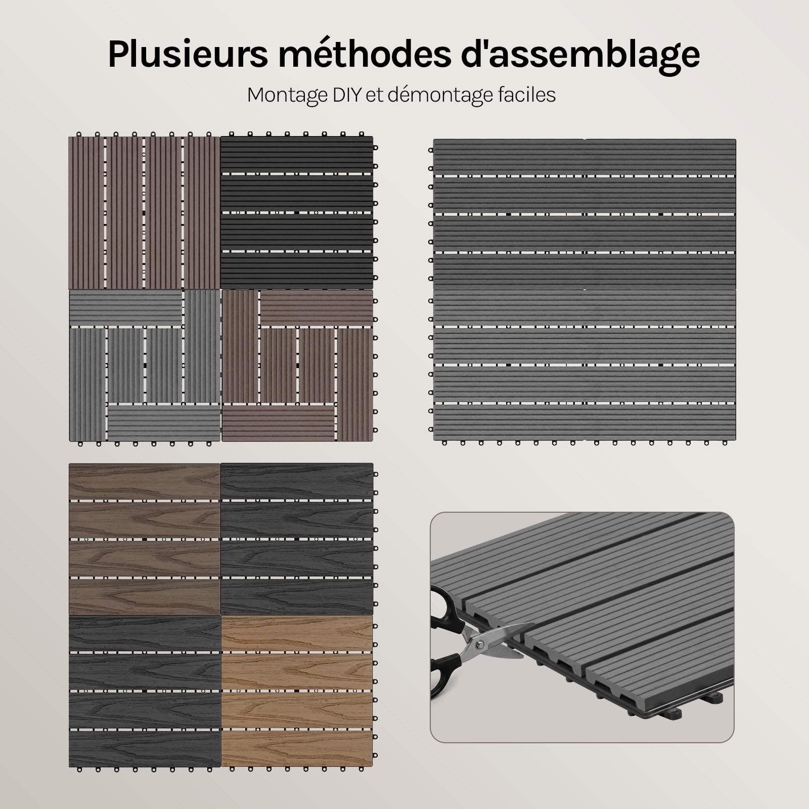 WOLTU WPC Dalle de sol Revêtement Carrelage 30x60cm pour jardin terrasse système plug-in pour fixation, Gris Clair 12 pièce / 2 m²