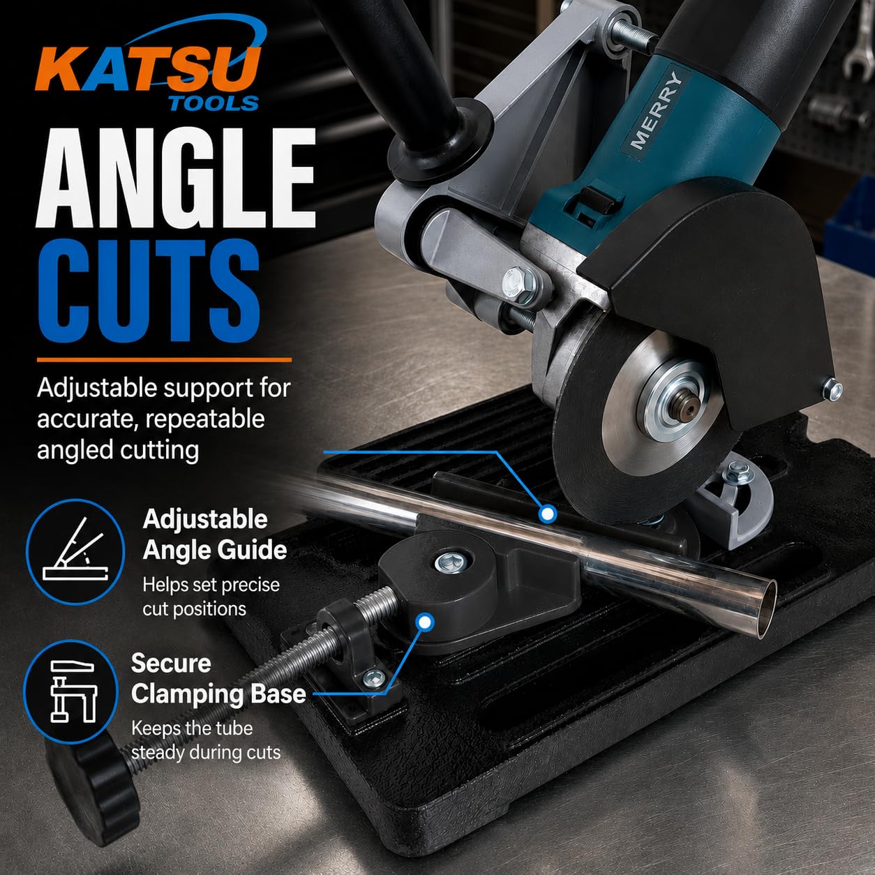 KATSU Supporto per Smerigliatrice Angolare - Ø 100mm a 125 mm Supporto per Smerigliatrice Elettrica con Base in Ghisa per Impieghi Gravosi con 11 Dischi da Taglio in Legno e Acciaio 105422
