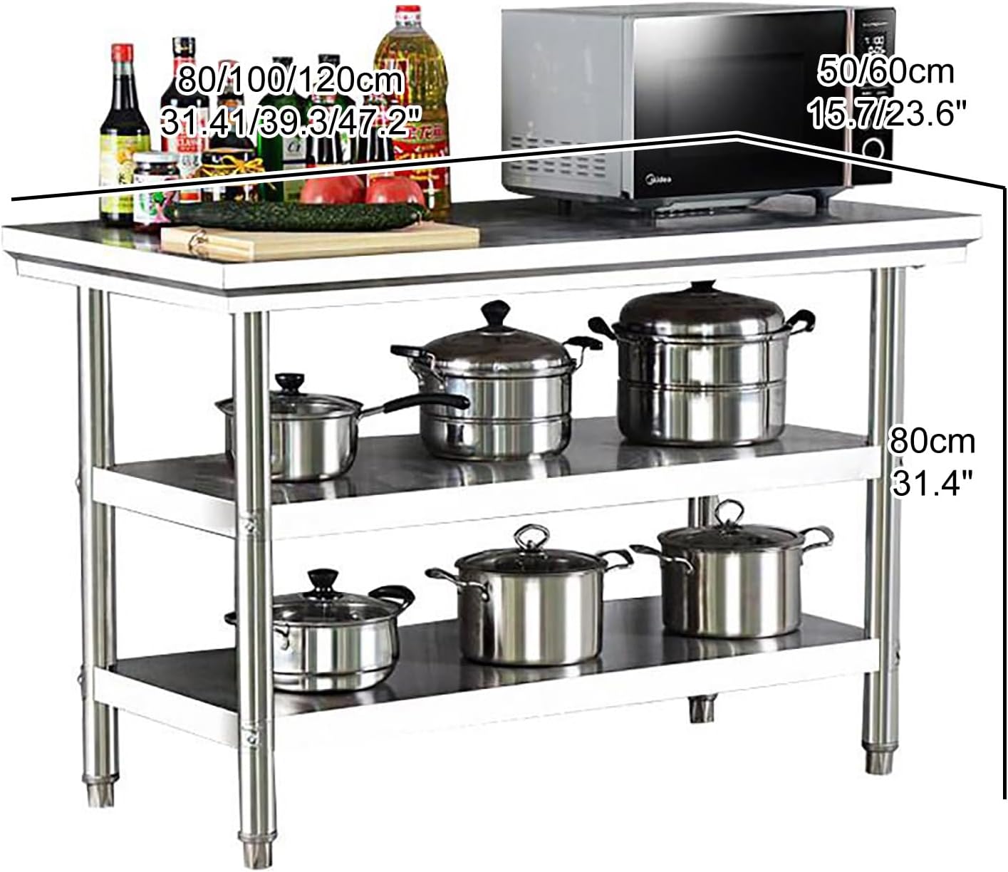 Adjustable Stainless Steel Work Table, Food Preparation Workbench, 3 Shelves Metal Table Prep Table, Heavy Duty Commercial Work & Prep Table, for Restaurant Home Hotel(80*50*80cm/31.4*19.6*31.4")