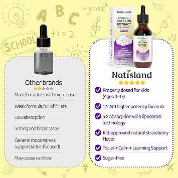 Liposomal Saffron Drops for Kids, Organic Saffron Extract Supplements with Holy Basil, Rosemary for Focus, Attention & Brain Support, Vegan, Alcohol-Free, Strawberry Flavor, 4 FL OZ