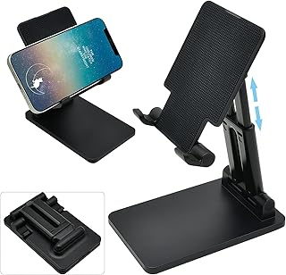 Foldable Phone Stand for Desk, AdplT Adjustable Angle Height Cell Phone Holder with Stable Anti-Slip Design, Universal Desktop Stand, for Smartphones Tablet Portable Monitor, Black