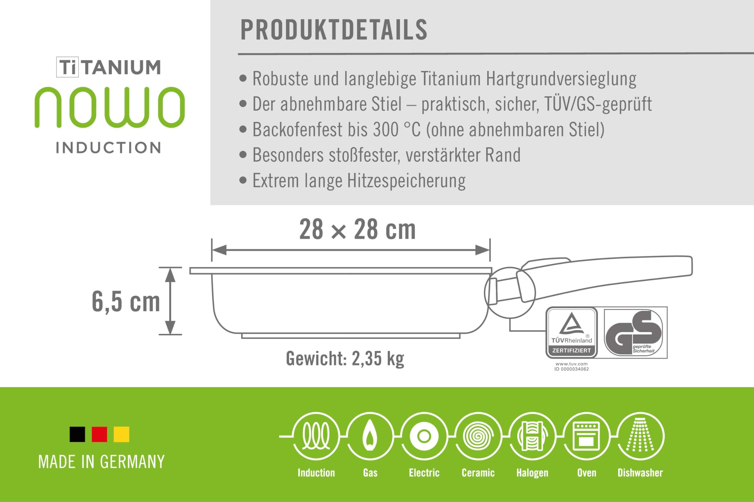 Woll – Nowo Titanium Viereckpfanne Induktion 28x28 cm, 6,5 cm hoch, mit abnehmbarem Stiel – Antihaftpfanne aus Aluguss – für alle Herdarten – backofenfest & langlebig