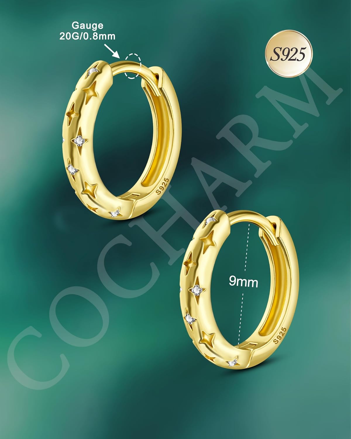 COCHARM 14K Solid Gold Plated 20g Huggie Hoop Earrings 925 Sterling Silver Cartilage Hoop Earrings Star Gold Hoop Earrings for Women - Image 7