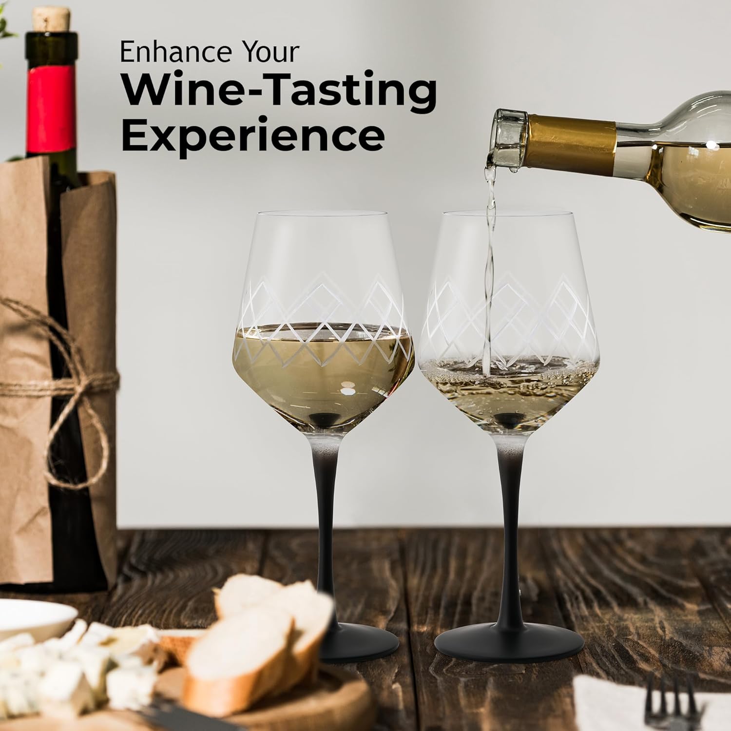 MIAMIO Premium Crystal Wine Glasses, Set of 4 with Black Long Stem, Unique Crystaluna Collection - Image 5