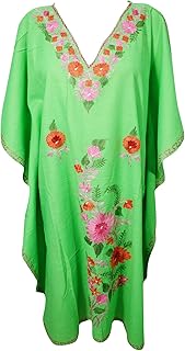 Mogul Interior Women Green Caftan Dress Embellished Kimono Beachwear Short Kaftan Dresses 2XL