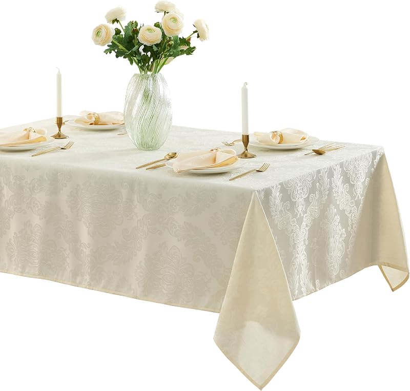 Barcelona Luxury Damask Fabric Tablecloth, 60” Wide x 84” Rectangle, Antique White, 100% Polyester, No Iron, Soil Resistant Dining Room, Party and Banquet Table Cover