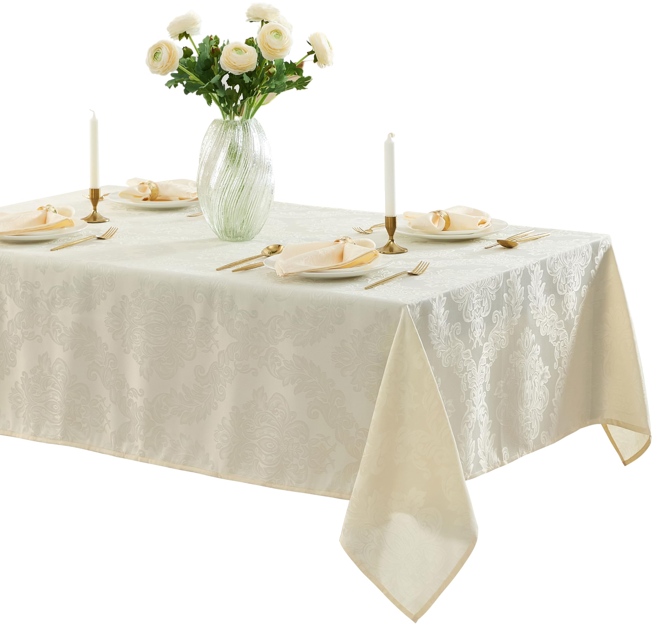 Newbridge Barcelona Luxury Damask Fabric Tablecloth, 52” Wide x 70” Rectangle, Antique White, 100% Polyester, No Iron, Soil Resistant Dining Room,