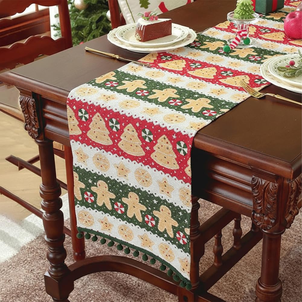 Christmas Table Runner, 14x71in Soft Xmas Winter Table Scarf with 6 Patterns & Pom-Pom Tassels for Holiday Kitchen Dining Home Party Decor